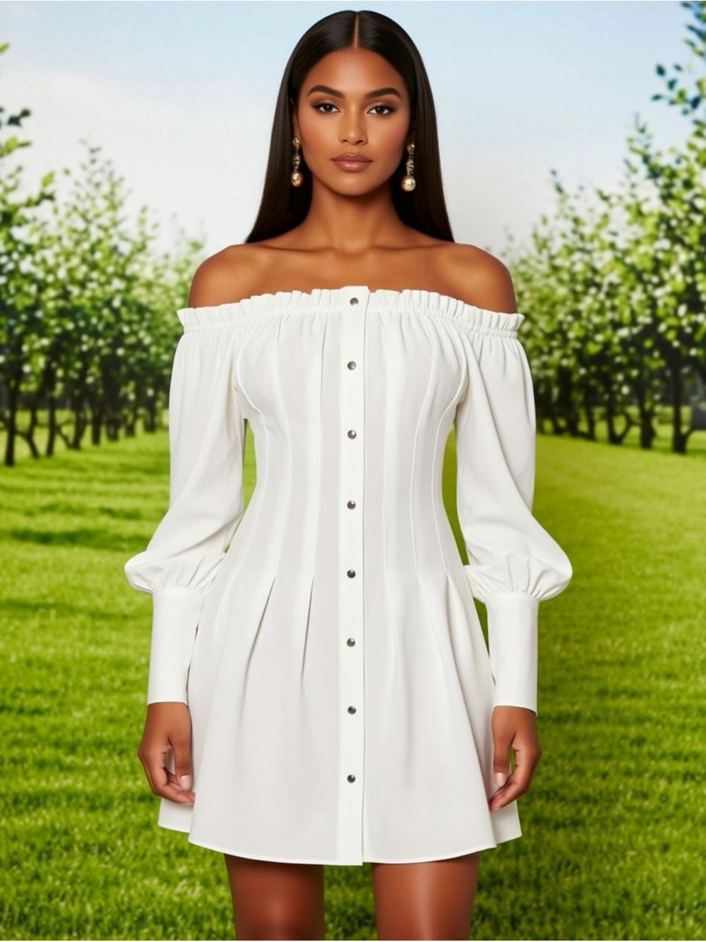 Fashion Nova White Off-Shoulder Button-Front Long Sleeve Mini Dress